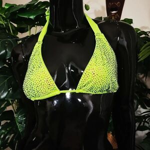 Luxury Lime Green Rhinestone Triangle Halter Bikini Top Large #8